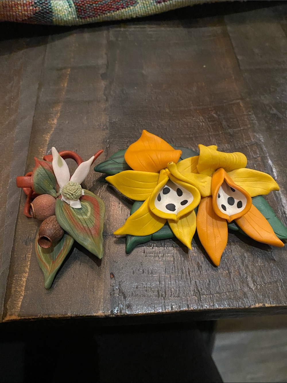 Vintage 1980s 1990s Artisan Polymer Clay Botanical Brooch Set. Tropical Floral.